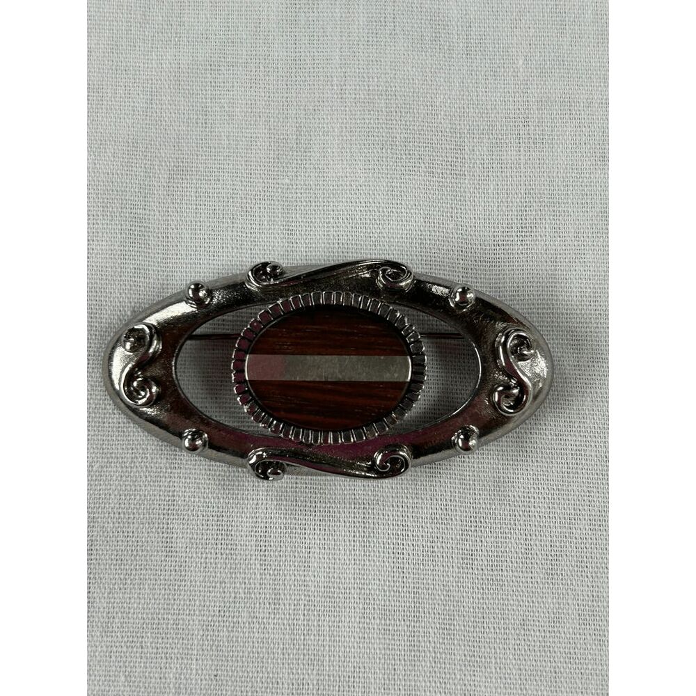 Vintage GJD Ginnie Johansen Silver Toned & Wood Brooch, Modernist, Signed
